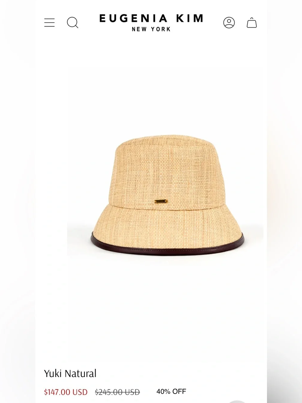EUGENIA KIM | Natural Raffua Bucket Hat with Vegan Leather Binding at Brim Edge